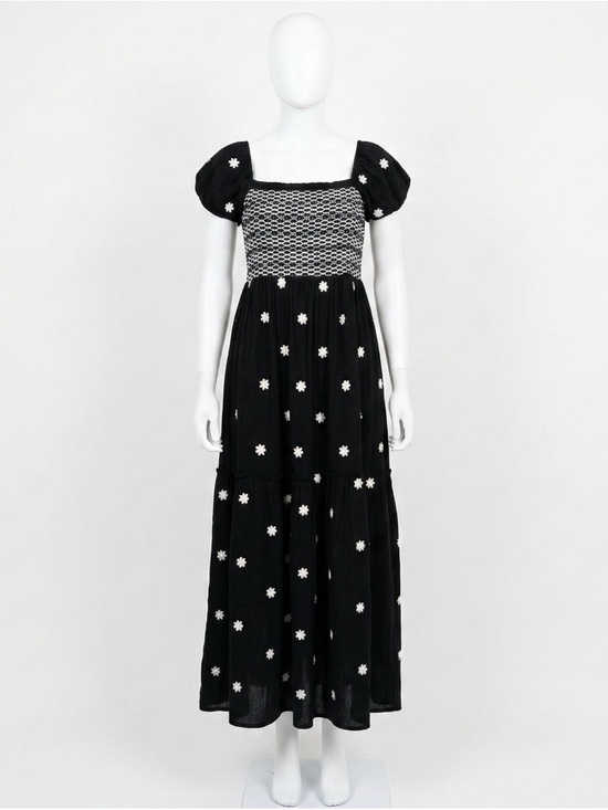 RD Style Dresses & Skirts - RD Style Black Midi/Maxi Dress with White Daisy Embroidered Appliqué 100% Cotton